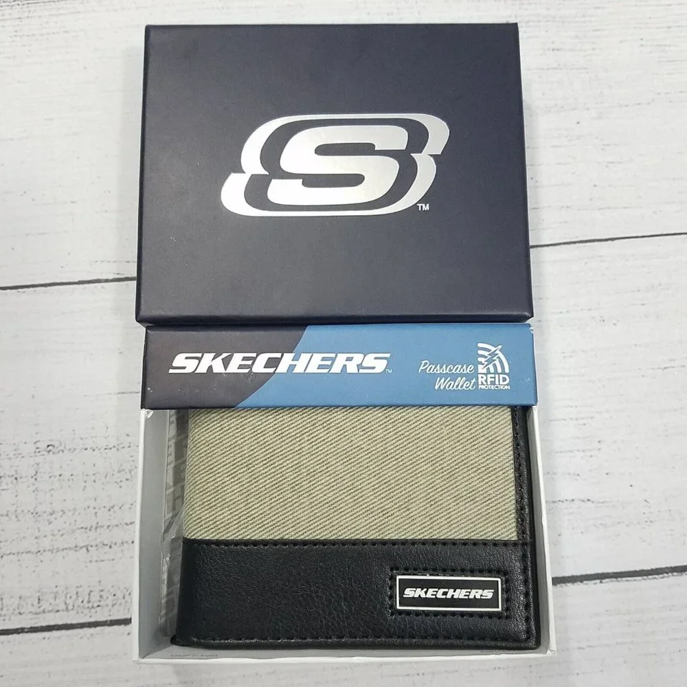 Skechers Twill Passcase Bifold Wallet Vegan Leather Trim RFID Protection